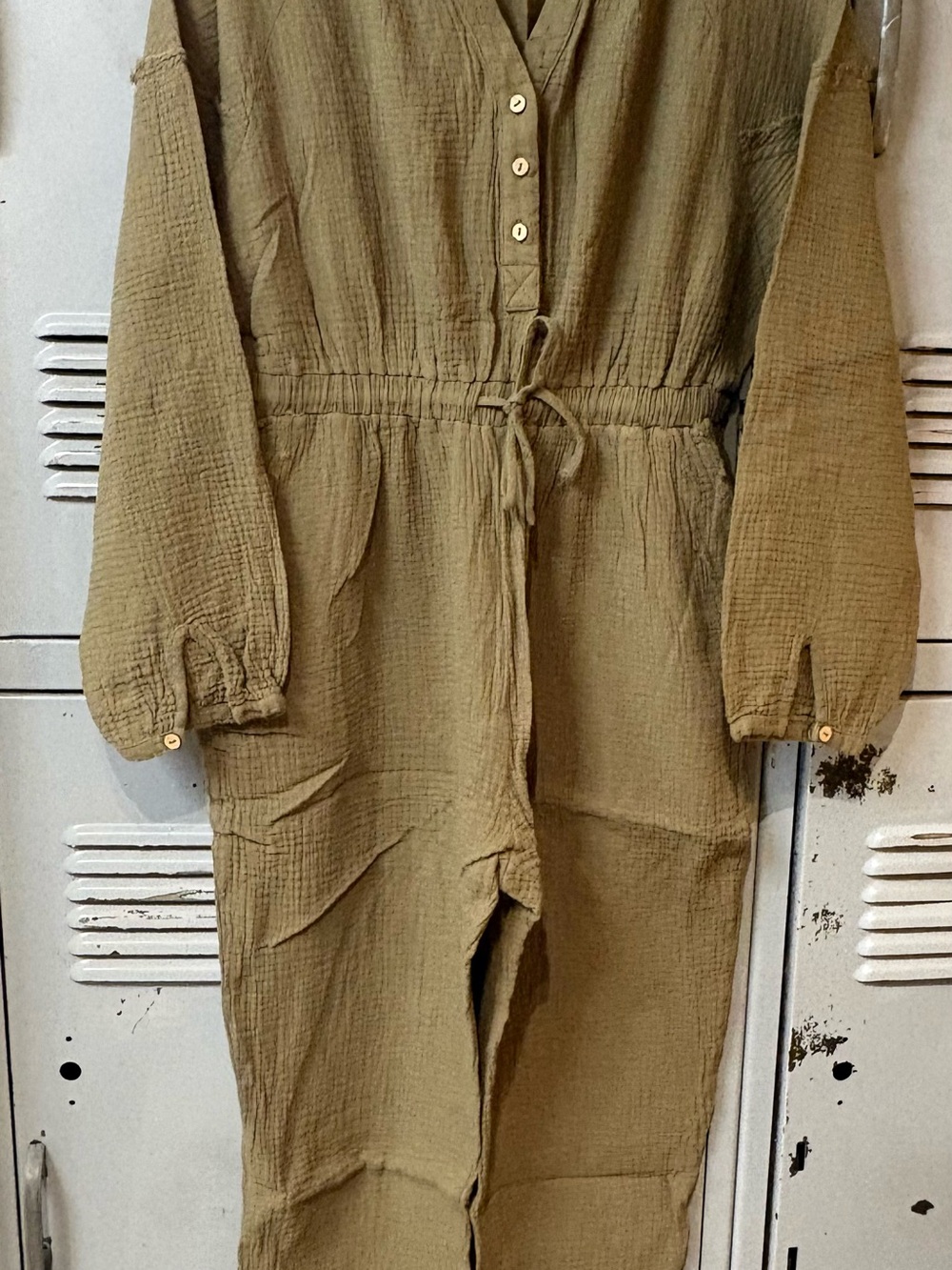 Promesa Olive Drawstring Button-Front Jumpsuit